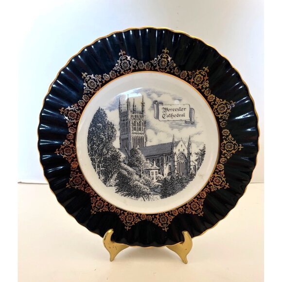 Decorative Plate  Worcester Cathedral Black Rim Gold Filigree 8” England - Picture 1 of 7